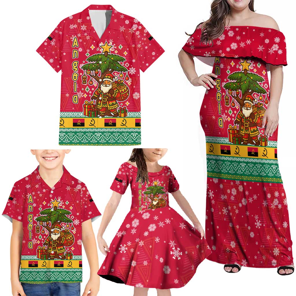Angola Christmas Family Matching Off Shoulder Maxi Dress and Hawaiian Shirt with Santa, Gifts, and National Flag Map Motif - Shopicos