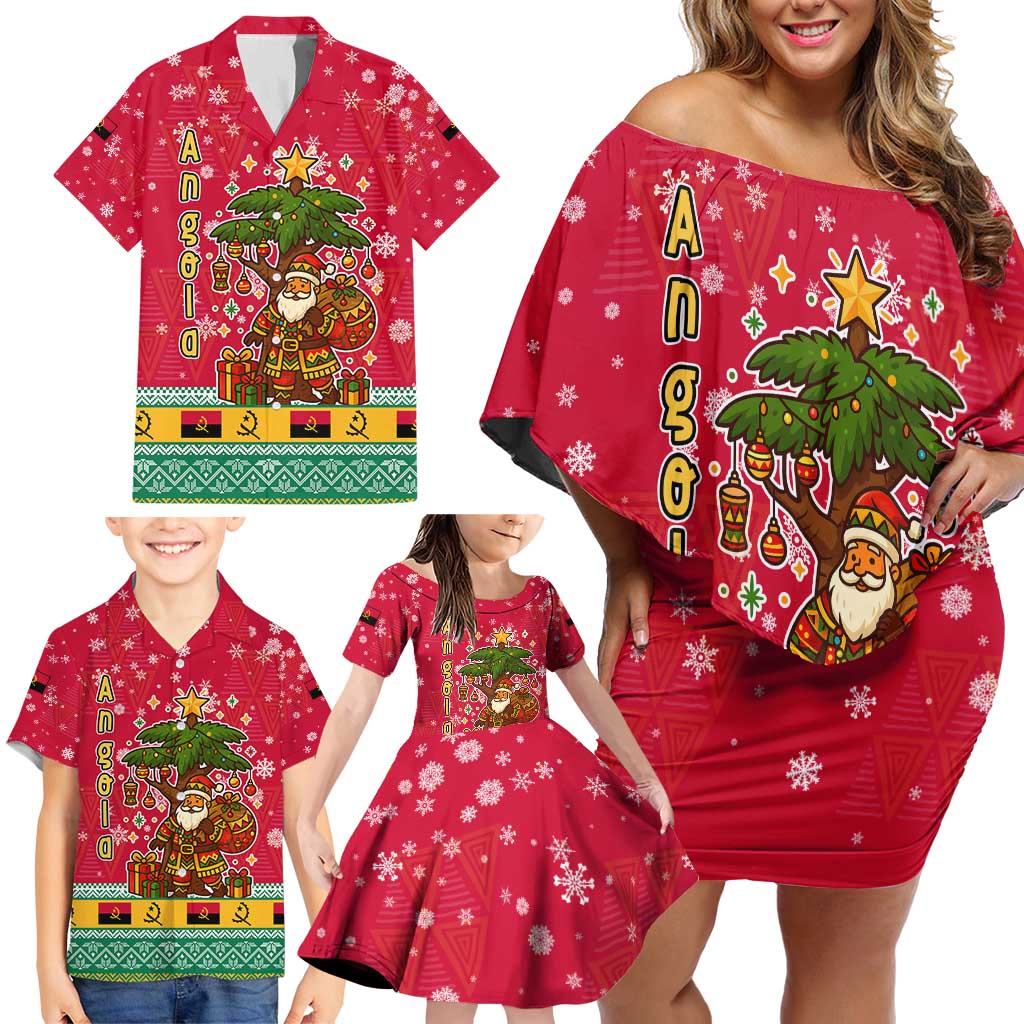 Angola Christmas Family Matching Off Shoulder Short Dress and Hawaiian Shirt with Santa, Gifts, and National Flag Map Motif - Shopicos