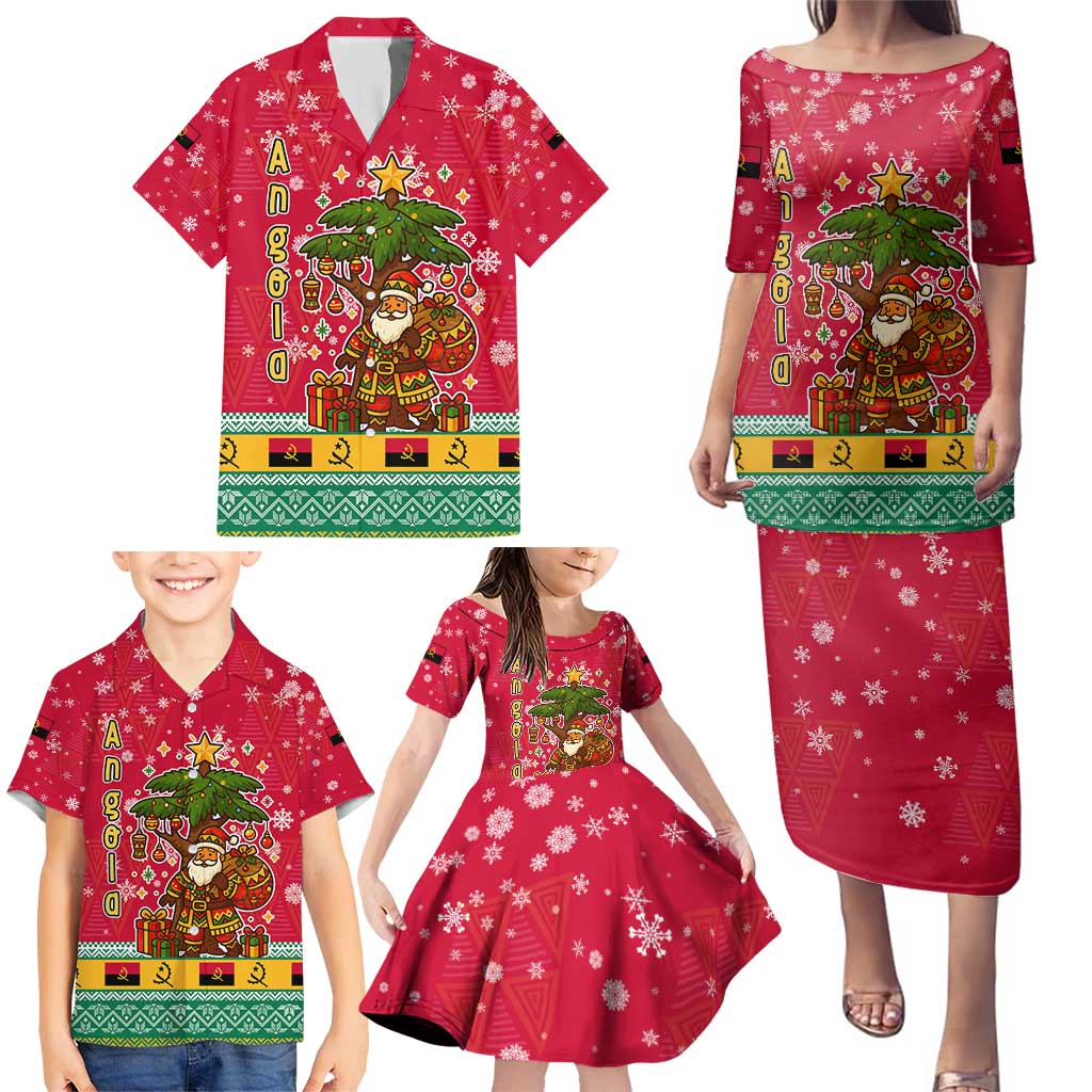 Angola Christmas Family Matching Puletasi and Hawaiian Shirt with Santa, Gifts, and National Flag Map Motif - Shopicos