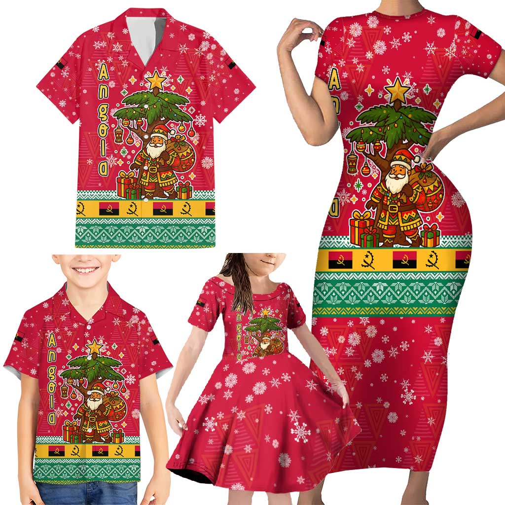 Angola Christmas Family Matching Short Sleeve Bodycon Dress and Hawaiian Shirt with Santa, Gifts, and National Flag Map Motif - Shopicos