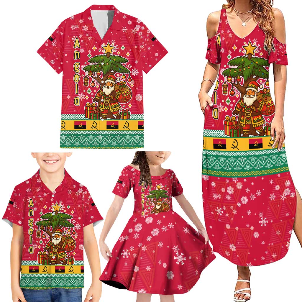 Angola Christmas Family Matching Summer Maxi Dress and Hawaiian Shirt with Santa, Gifts, and National Flag Map Motif - Shopicos
