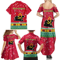 Angola Christmas Family Matching Summer Maxi Dress and Hawaiian Shirt with Santa, Gifts, and National Flag Map Motif - Shopicos