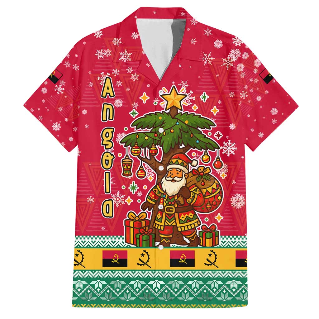 Angola Christmas Family Matching Summer Maxi Dress and Hawaiian Shirt with Santa, Gifts, and National Flag Map Motif - Shopicos