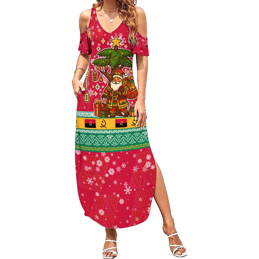 Angola Christmas Family Matching Summer Maxi Dress and Hawaiian Shirt with Santa, Gifts, and National Flag Map Motif - Shopicos