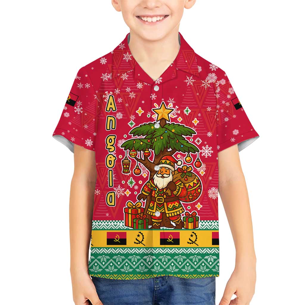 Angola Christmas Family Matching Summer Maxi Dress and Hawaiian Shirt with Santa, Gifts, and National Flag Map Motif - Shopicos