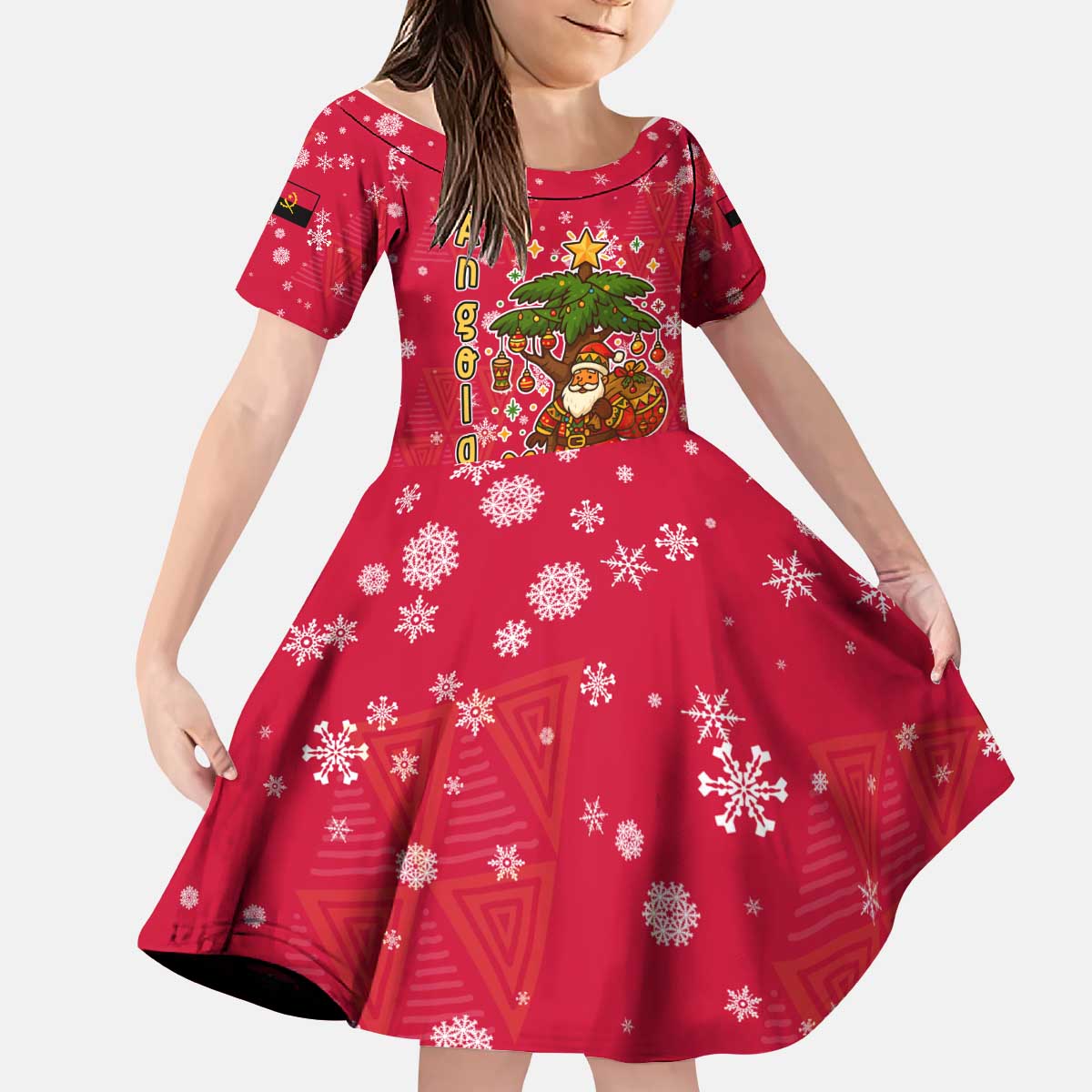 Angola Christmas Kid Short Sleeve Dress with Santa, Gifts, and National Flag Map Motif - Shopicos