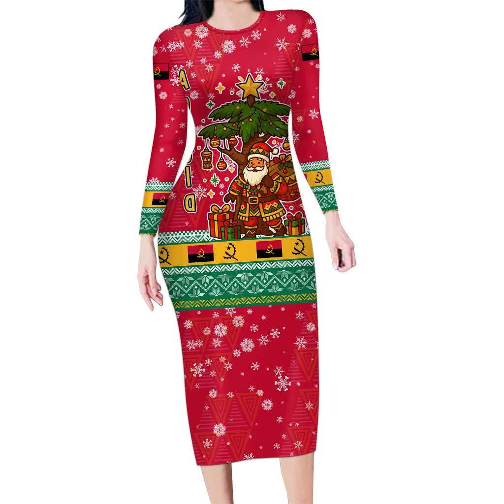 Angola Christmas Long Sleeve Bodycon Dress with Santa, Gifts, and National Flag Map Motif - Shopicos