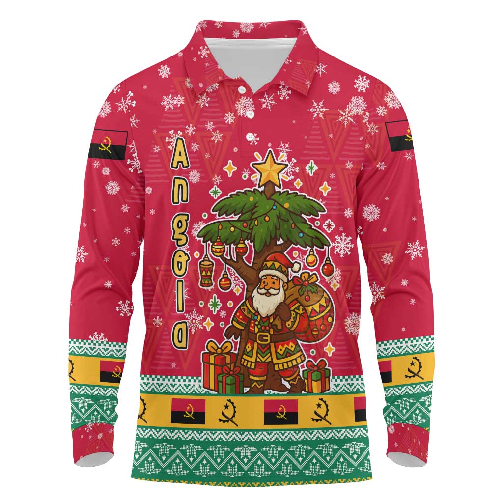 Angola Christmas Long Sleeve Polo Shirt with Santa, Gifts, and National Flag Map Motif - Shopicos