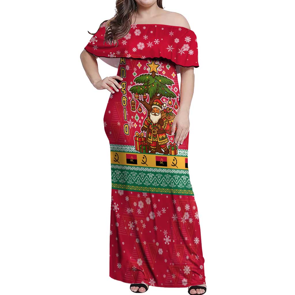 Angola Christmas Off Shoulder Maxi Dress with Santa, Gifts, and National Flag Map Motif - Shopicos