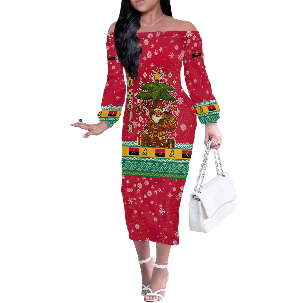 Angola Christmas Off The Shoulder Long Sleeve Dress with Santa, Gifts, and National Flag Map Motif - Shopicos