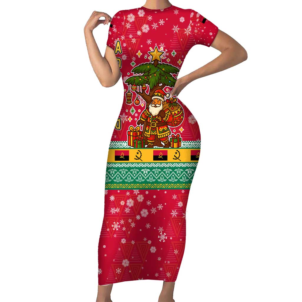 Angola Christmas Short Sleeve Bodycon Dress with Santa, Gifts, and National Flag Map Motif - Shopicos