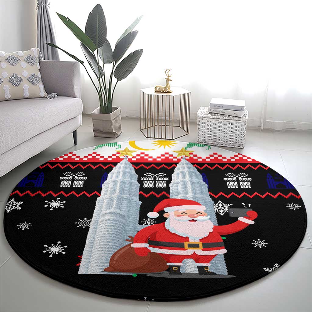 Malaysia Christmas Round Carpet with Santa Claus Petronas Towers Snowflakes and Festive Icons - Shopicos