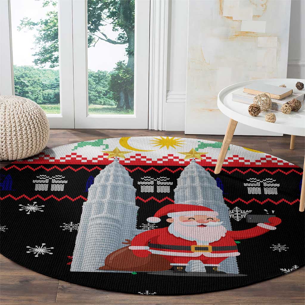 Malaysia Christmas Round Carpet with Santa Claus Petronas Towers Snowflakes and Festive Icons - Shopicos