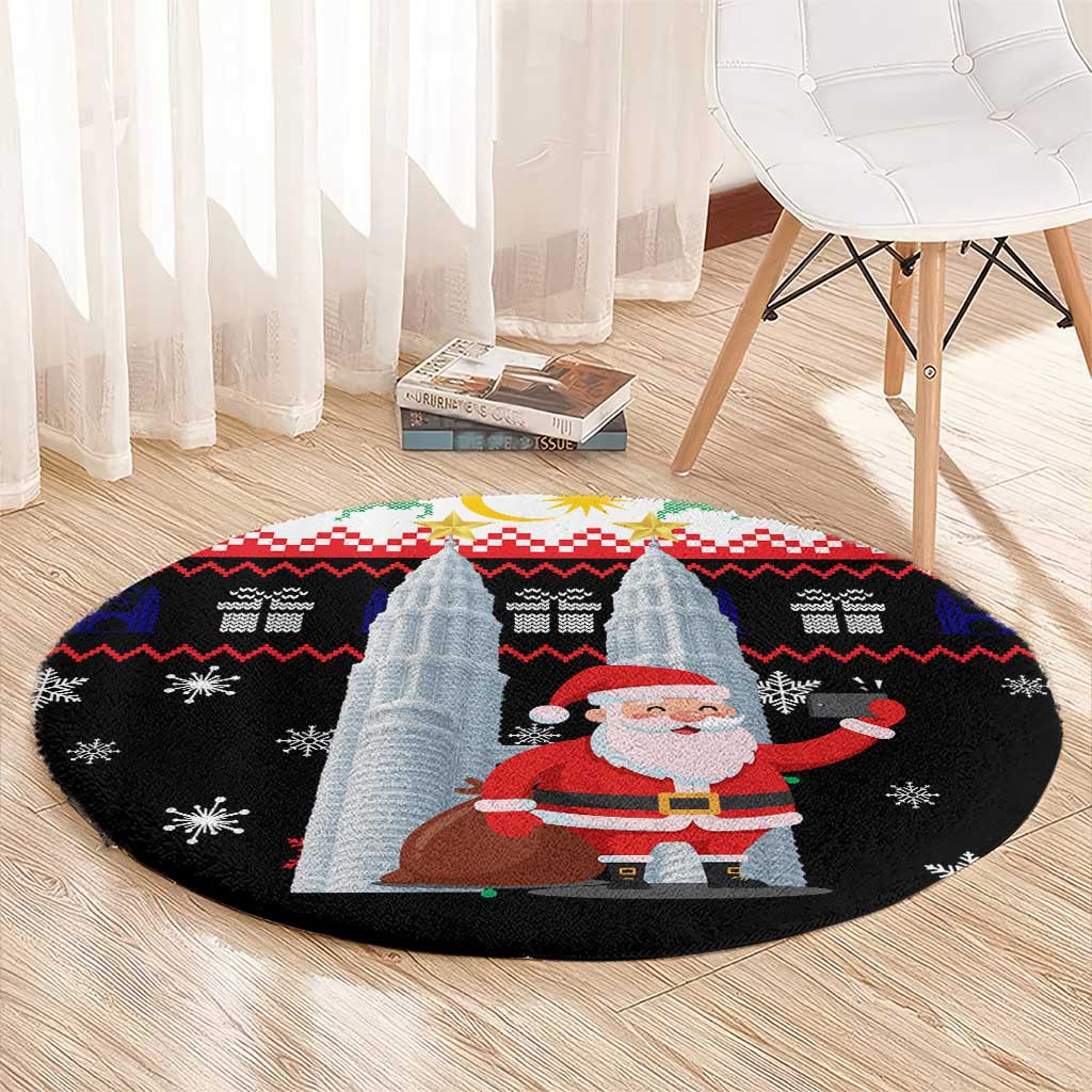 Malaysia Christmas Round Carpet with Santa Claus Petronas Towers Snowflakes and Festive Icons - Shopicos