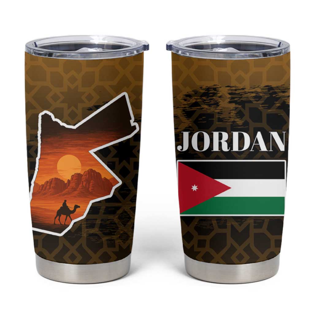 Jordan Desert Sunset Tumbler Cup with Camel and Traditional Geometric Pattern