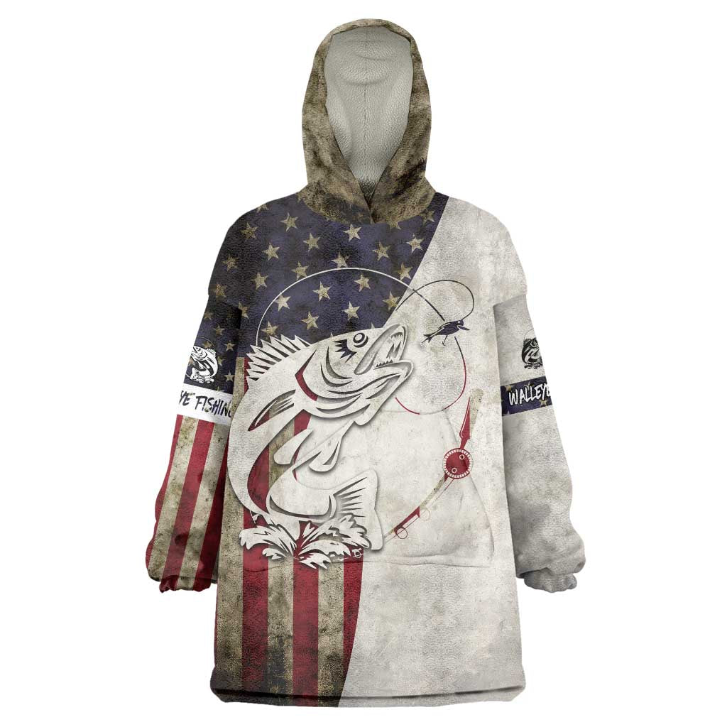 Walleye Fishing Wearable Blanket Hoodie American Flag Vintage Design and Custom Name Option - Shopicos