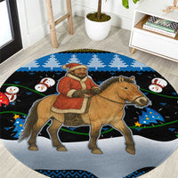 Mongolia Christmas Round Carpet with Santa Riding Horse Snowmen Yurts and Winter Holiday - Shopicos