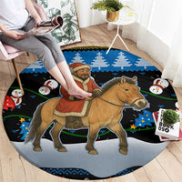 Mongolia Christmas Round Carpet with Santa Riding Horse Snowmen Yurts and Winter Holiday - Shopicos