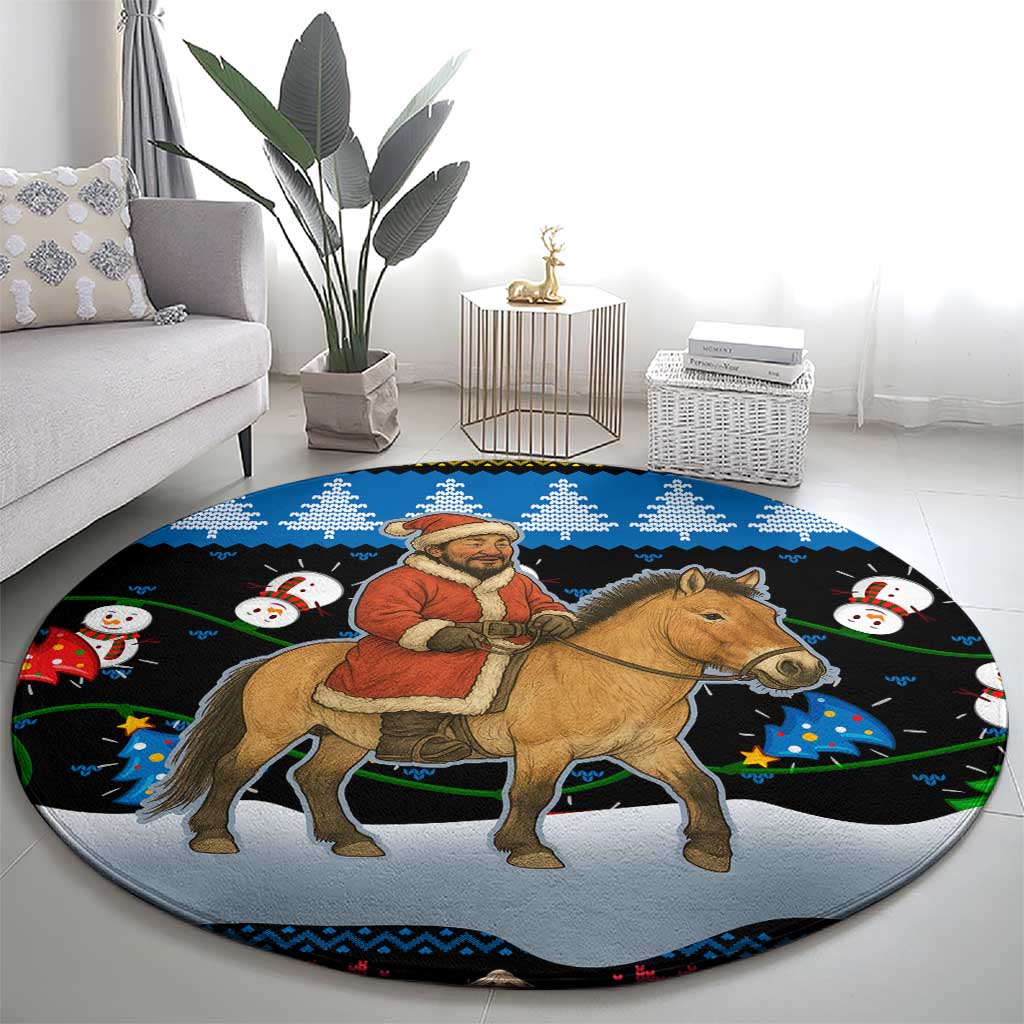 Mongolia Christmas Round Carpet with Santa Riding Horse Snowmen Yurts and Winter Holiday - Shopicos