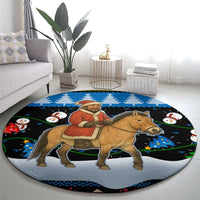 Mongolia Christmas Round Carpet with Santa Riding Horse Snowmen Yurts and Winter Holiday - Shopicos