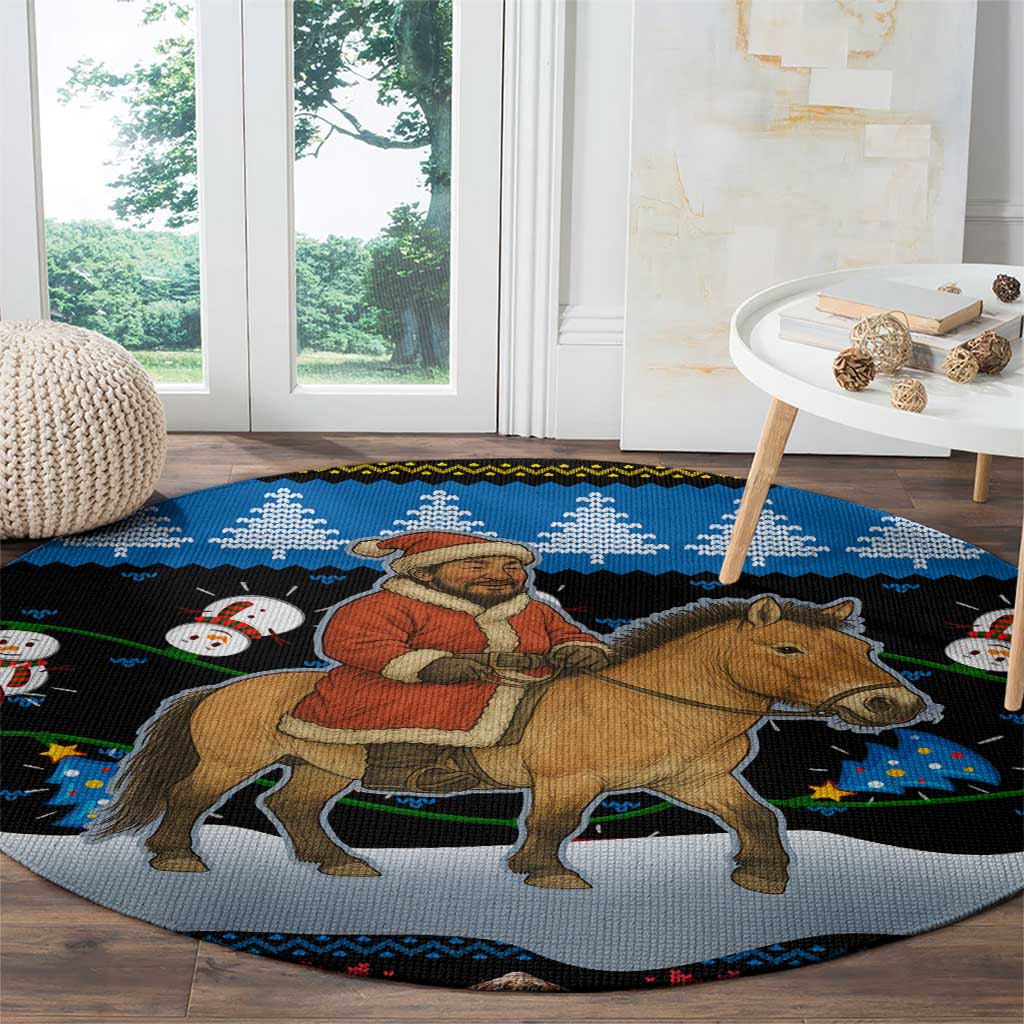 Mongolia Christmas Round Carpet with Santa Riding Horse Snowmen Yurts and Winter Holiday - Shopicos