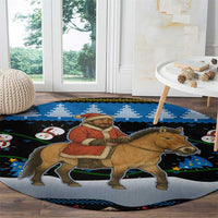 Mongolia Christmas Round Carpet with Santa Riding Horse Snowmen Yurts and Winter Holiday - Shopicos