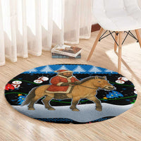 Mongolia Christmas Round Carpet with Santa Riding Horse Snowmen Yurts and Winter Holiday - Shopicos