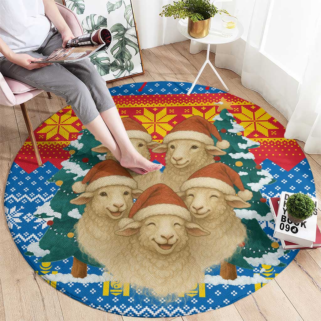 Mongolia Christmas Round Carpet with Santa Sheep Christmas Trees and Snowflake - Shopicos