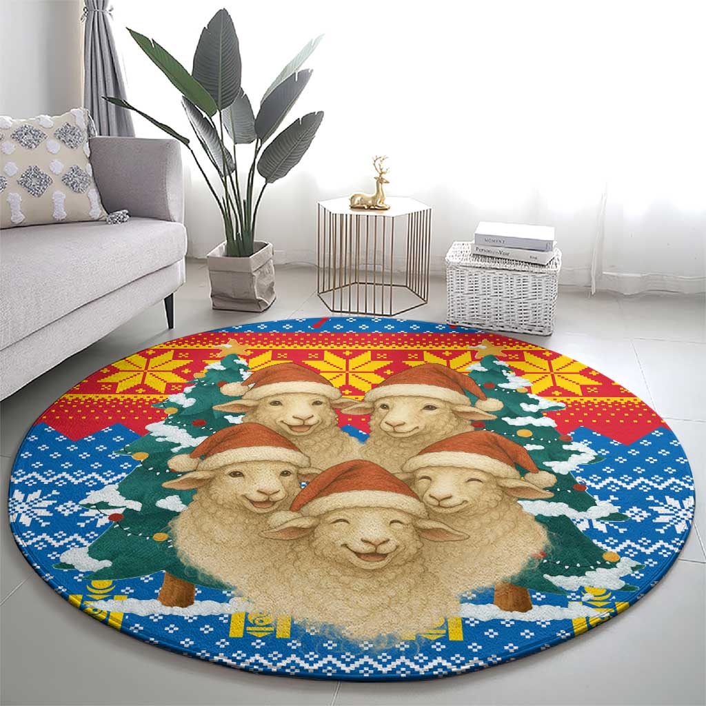 Mongolia Christmas Round Carpet with Santa Sheep Christmas Trees and Snowflake - Shopicos