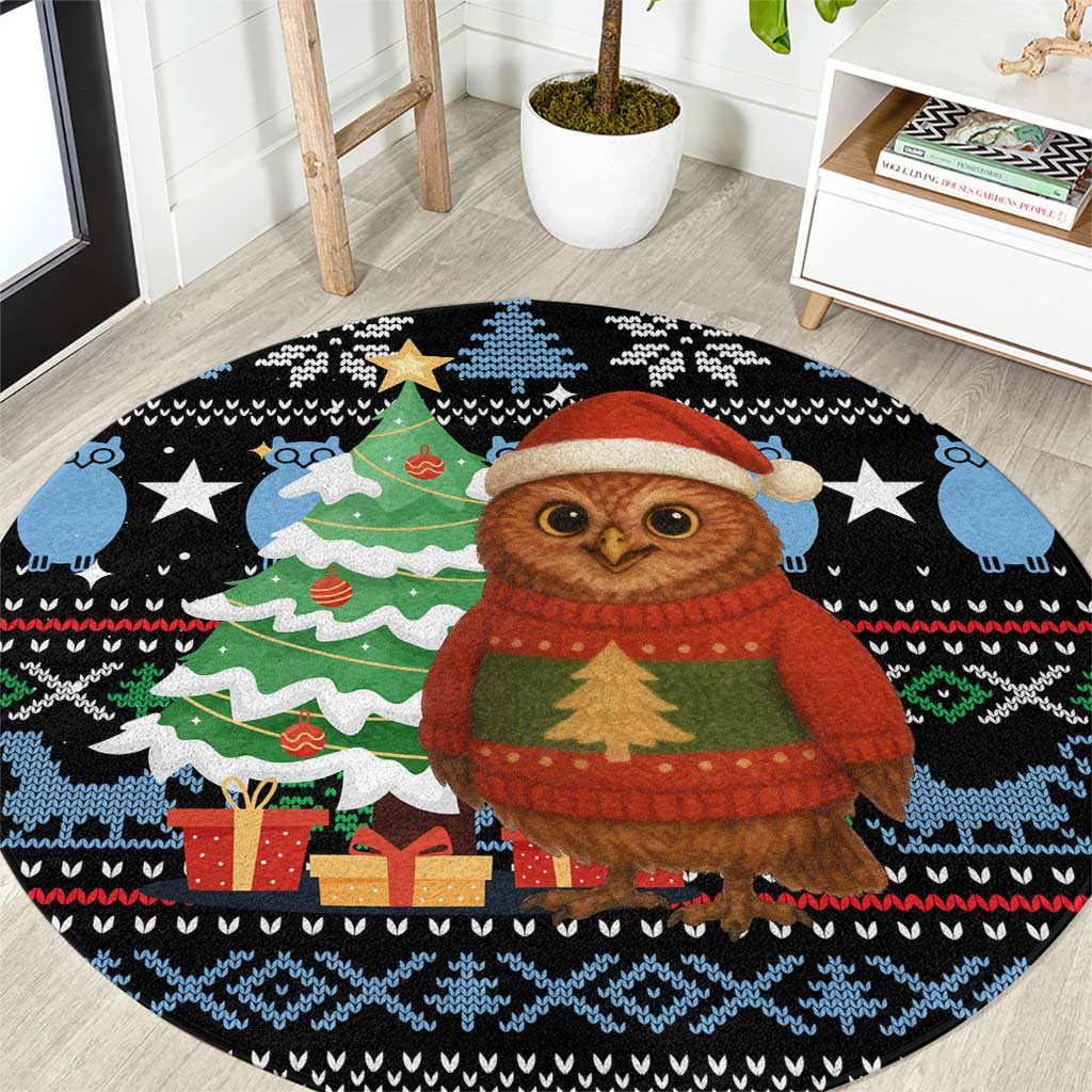 Micronesia Christmas Round Carpet with Santa Owl Christmas Tree Gifts and Snowflake - Shopicos