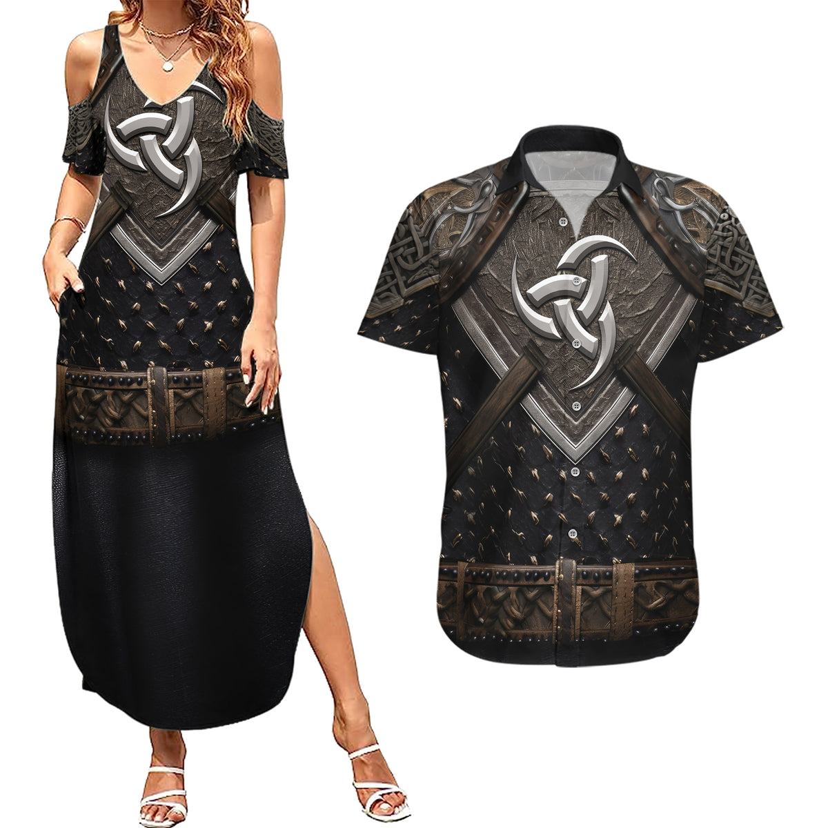 Legendary Viking Armor Couples Matching Summer Maxi Dress and Hawaiian Shirt Triple Horn Saga - Shopicos