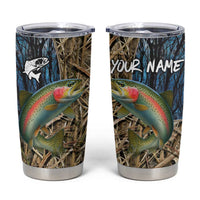 Rainbow Trout Fishing Tumbler Cup with Camouflage Reeds and Forest Background in Nature-Inspired Colors - Shopicos