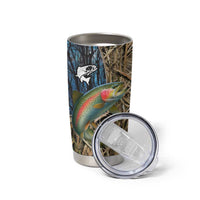 Rainbow Trout Fishing Tumbler Cup with Camouflage Reeds and Forest Background in Nature-Inspired Colors - Shopicos