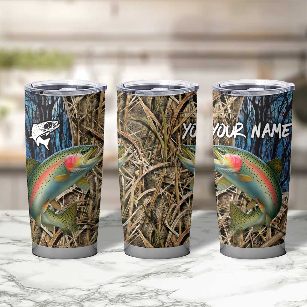 Rainbow Trout Fishing Tumbler Cup with Camouflage Reeds and Forest Background in Nature-Inspired Colors - Shopicos