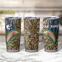 Rainbow Trout Fishing Tumbler Cup with Camouflage Reeds and Forest Background in Nature-Inspired Colors - Shopicos