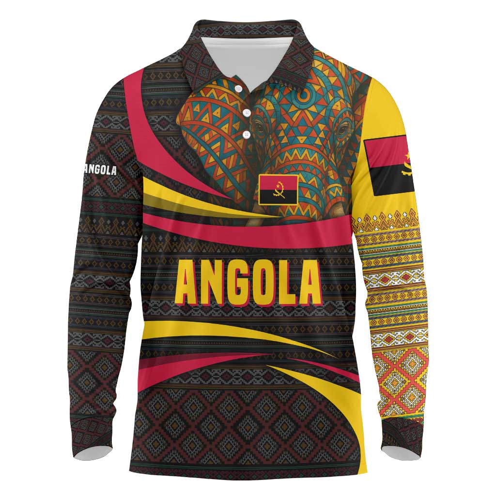 Angola Long Sleeve Polo Shirt with Red Black Yellow Tribal Design and Elephant - Shopicos