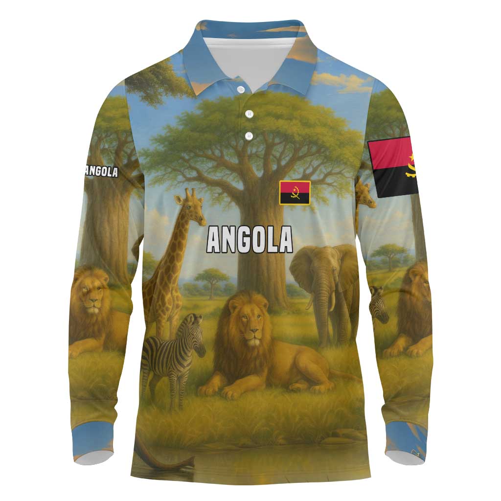 Angola Long Sleeve Polo Shirt with Savannah Wildlife Design and African Animal - Shopicos