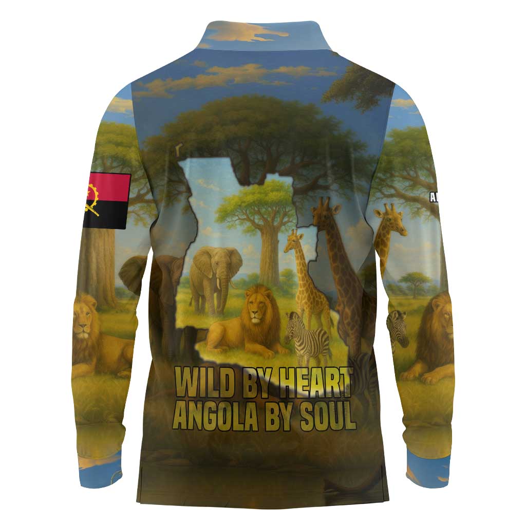 Angola Long Sleeve Polo Shirt with Savannah Wildlife Design and African Animal - Shopicos