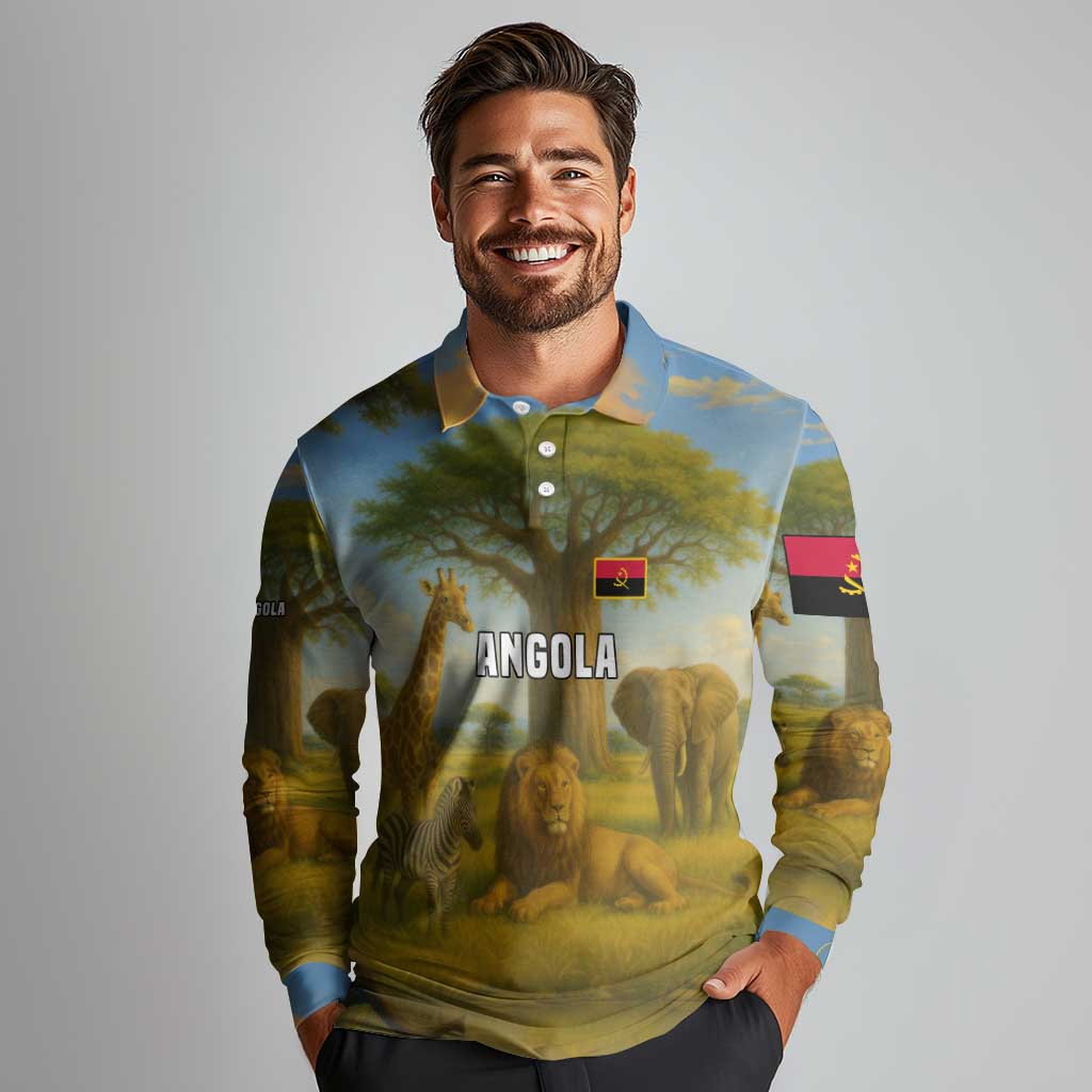 Angola Long Sleeve Polo Shirt with Savannah Wildlife Design and African Animal - Shopicos