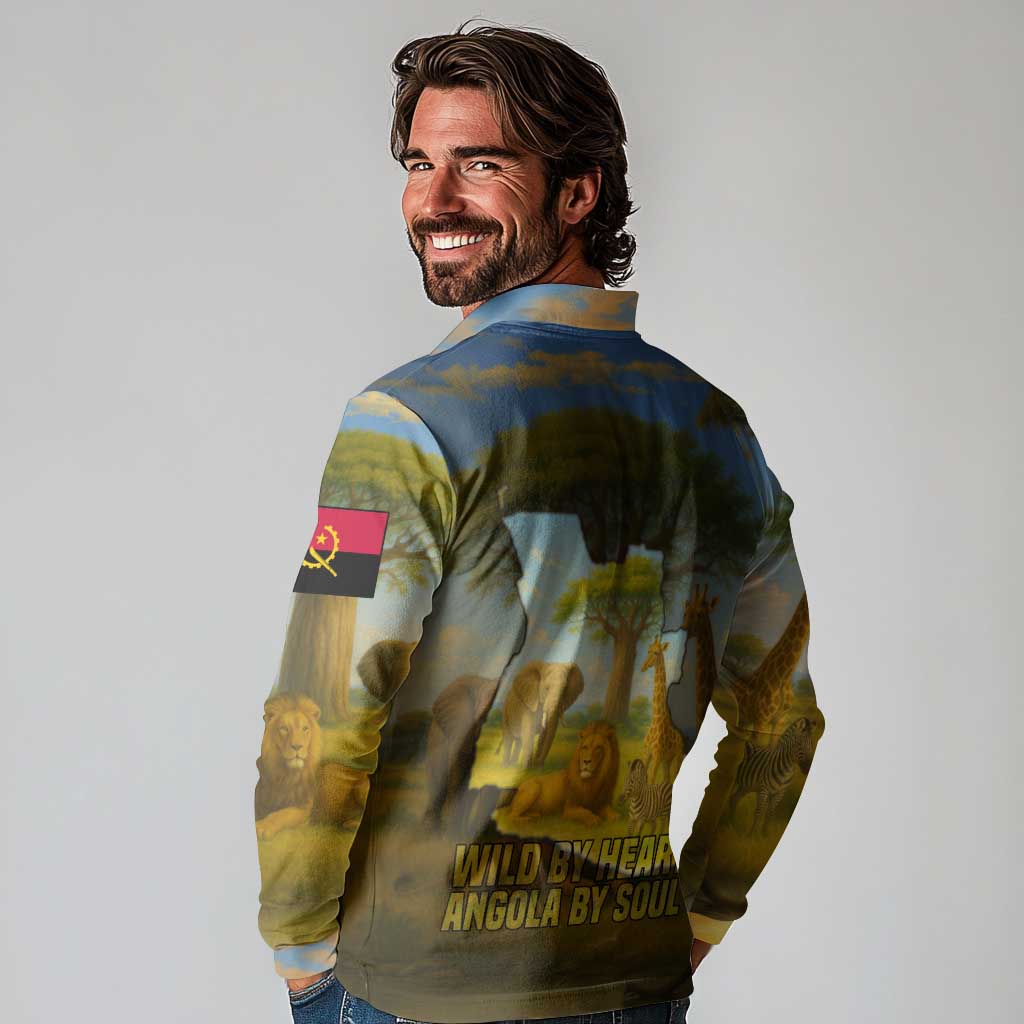 Angola Long Sleeve Polo Shirt with Savannah Wildlife Design and African Animal - Shopicos