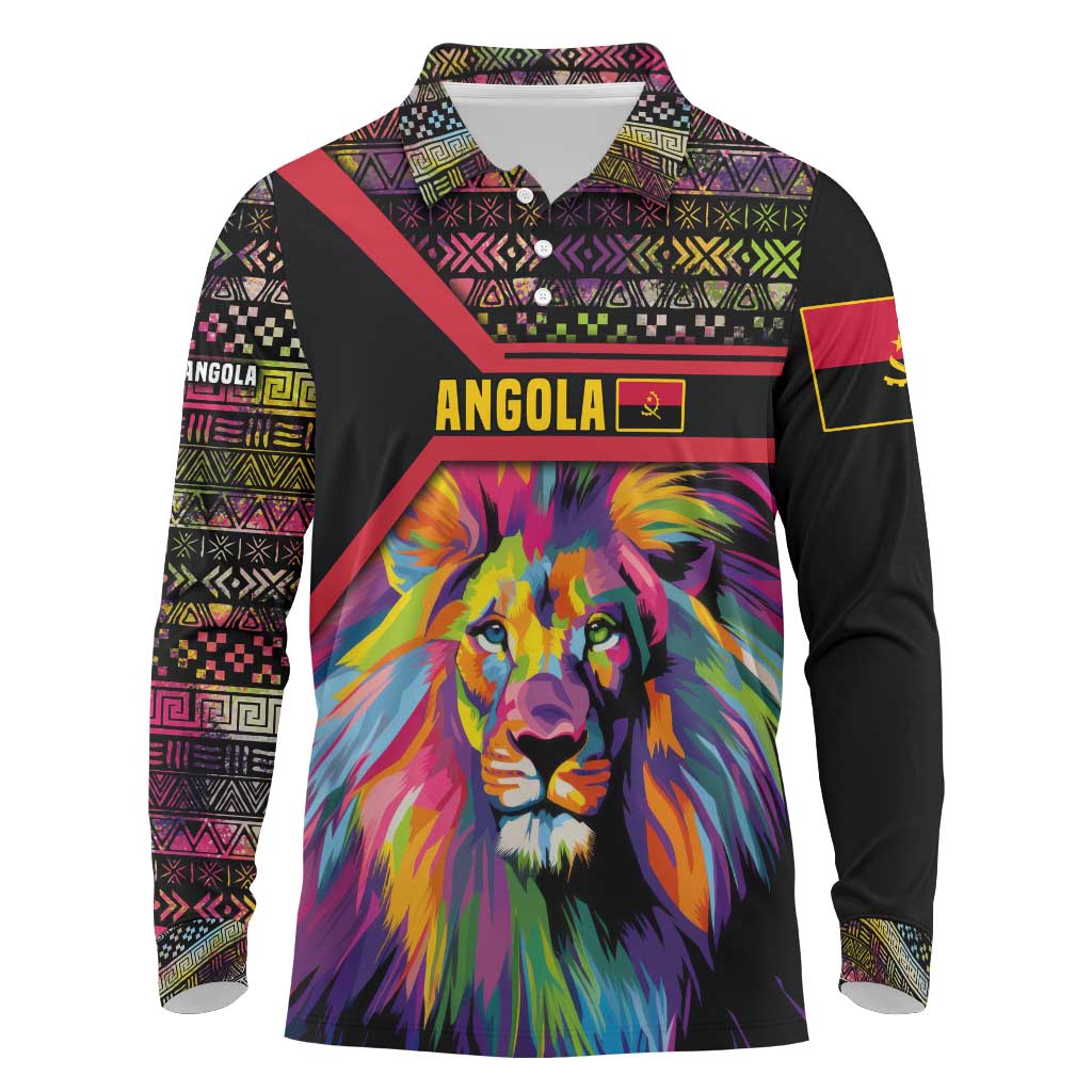 Angola Long Sleeve Polo Shirt with Multicolor Tribal Design and Vibrant Lion - Shopicos