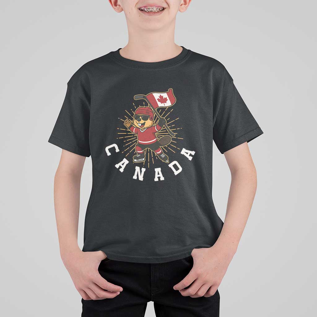 Funny Beaver Playing Ice Hockey With Canada Flag Gift T Shirt For Kid - Shopicos