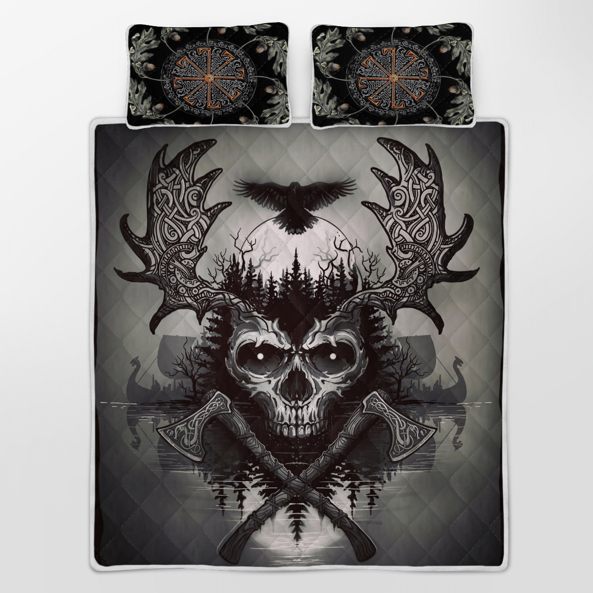 Viking Quilt Bed Set - Viking Raven and Skull - Viking Quilt Bedding Set RLT12 - Shopicos