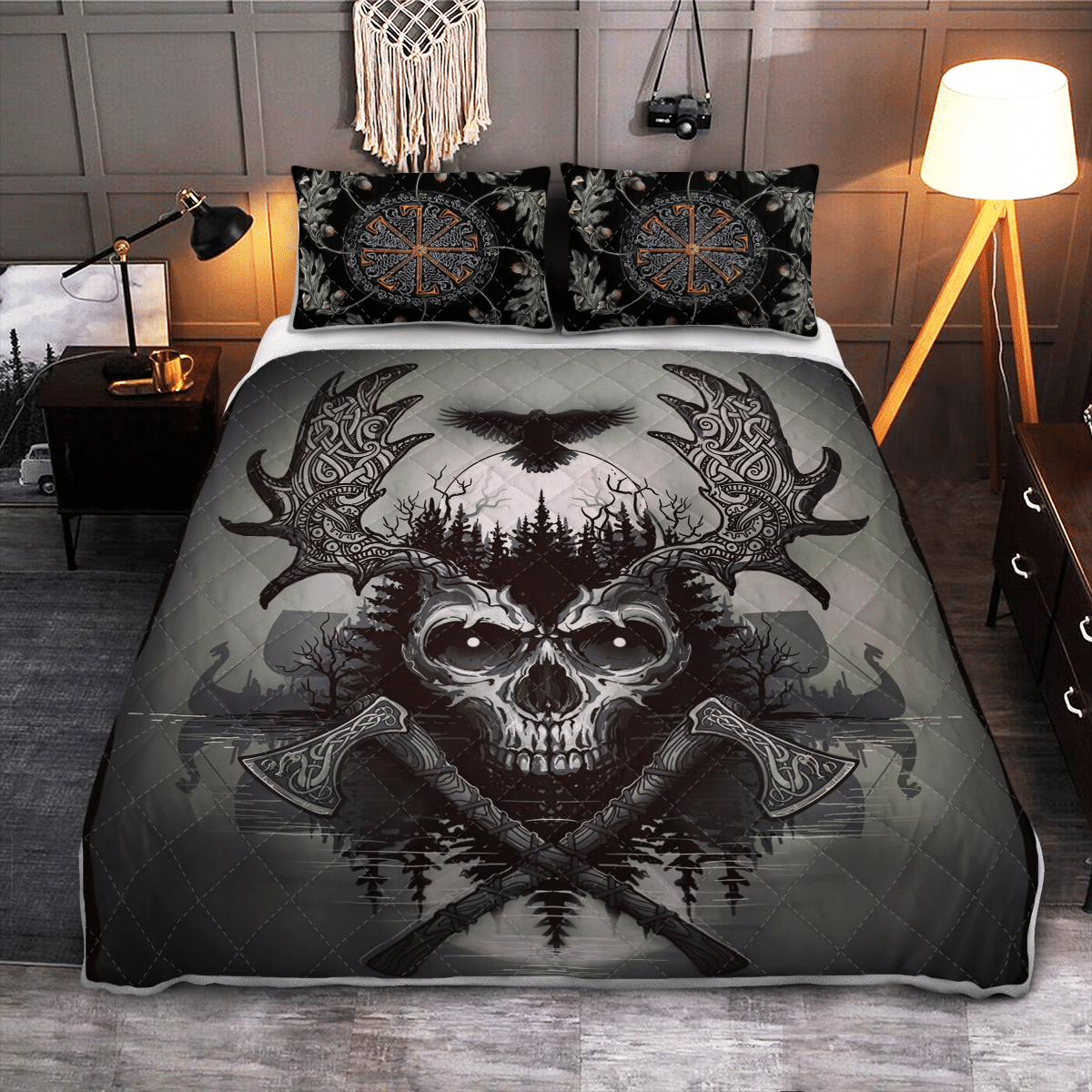 Viking Quilt Bed Set - Viking Raven and Skull - Viking Quilt Bedding Set RLT12 - Shopicos