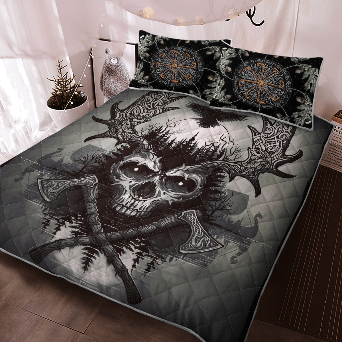 Viking Quilt Bed Set - Viking Raven and Skull - Viking Quilt Bedding Set RLT12 - Shopicos