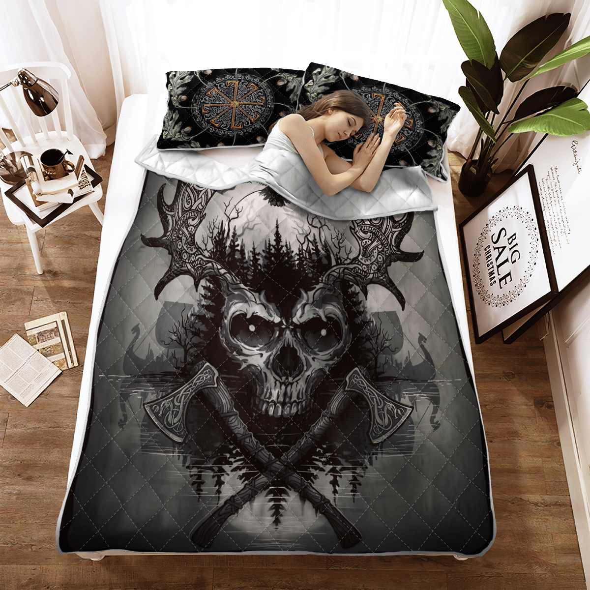 Viking Quilt Bed Set - Viking Raven and Skull - Viking Quilt Bedding Set RLT12 - Shopicos
