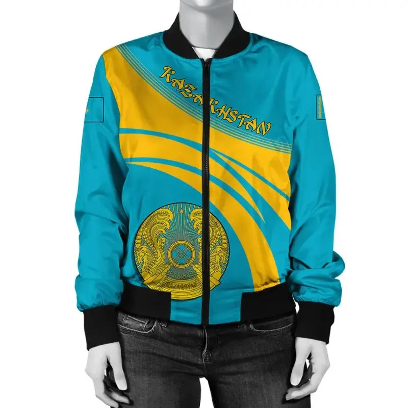 Kazakhstan Coat Of Arms Women Bomber Jacket Sticket RLT8 - Shopicos