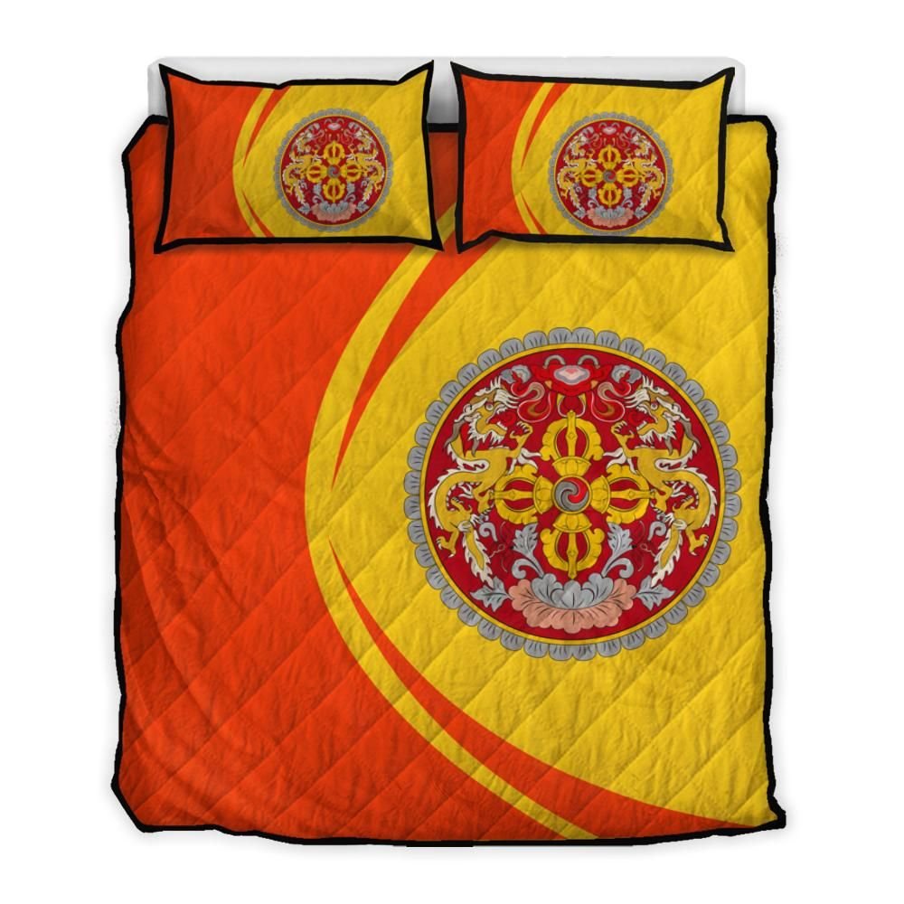Bhutan Flag Coat Of Arms Quilt Bed Set Circle RLT6 - Shopicos