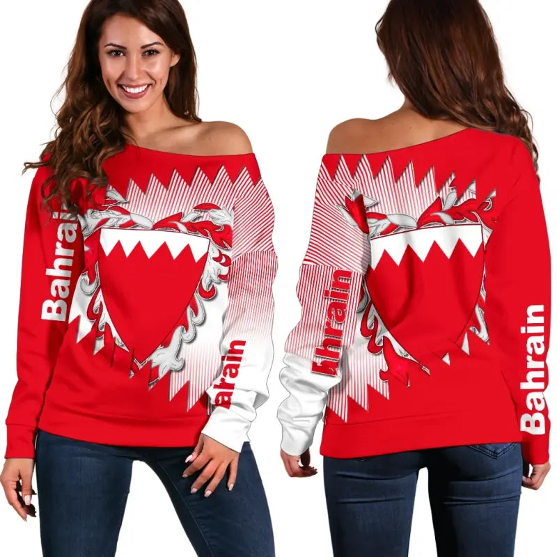 Bahrain Special Flag Style Womens Off Shoulder Sweater RLT8 - Shopicos