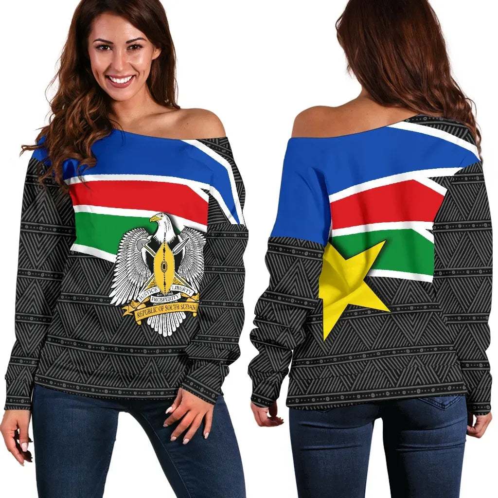 South Sudan Womens Off Shoulder Sweater Flag Coat Of Arms RLT8 - Shopicos
